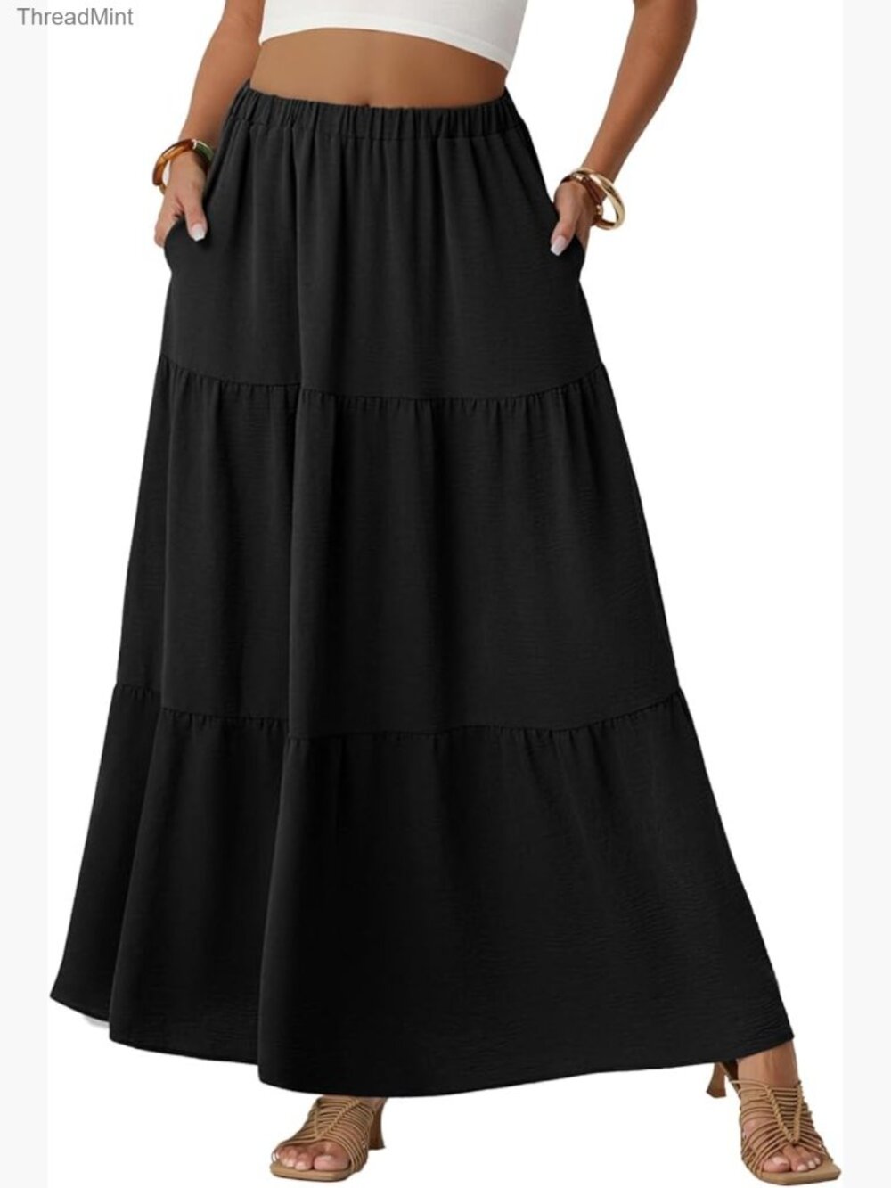 Flowy High Waisted Maxi Skirt with Pockets Boho A-Line